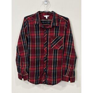 Time & Tru Womens Plaid Flannel Shirt Large Red Green Gold Button Up Long Sleeve